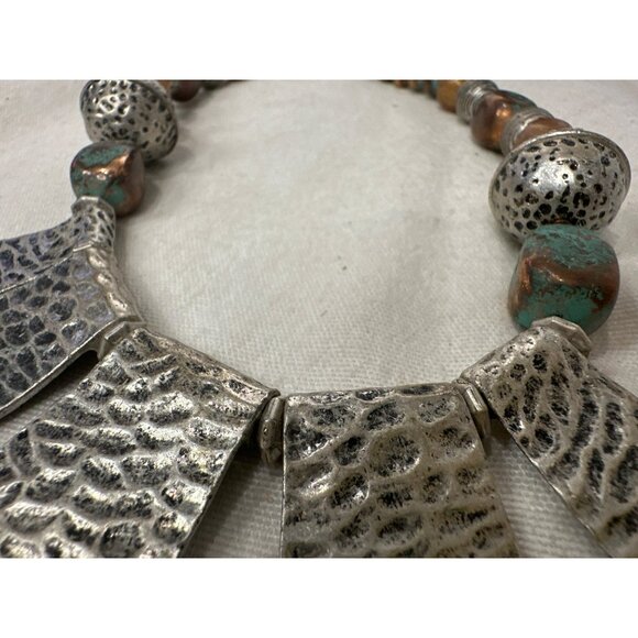 Vintage VCLM Hammered Silver Statement Necklace W/ Beaded Accents Tribal Design - Picture 5 of 5
